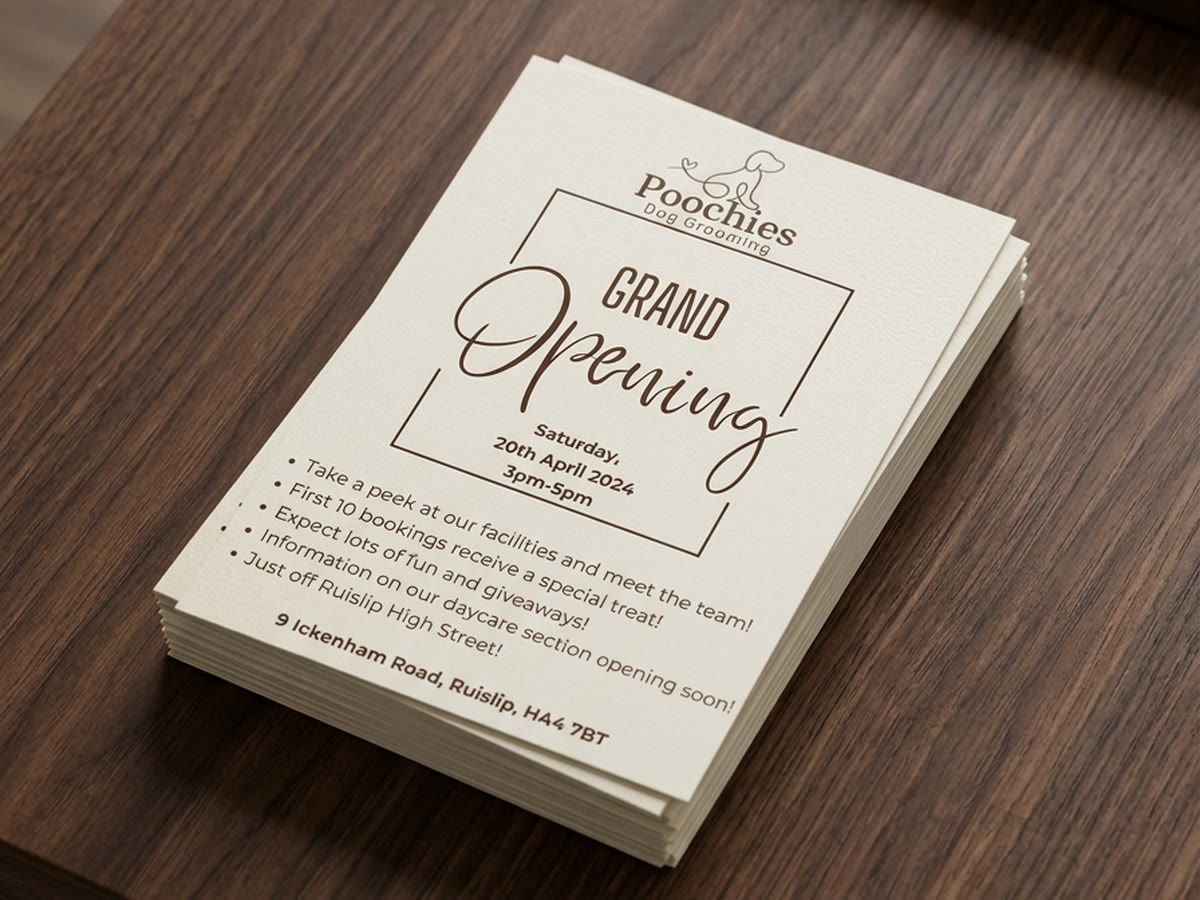 Stack of printed grand opening flyers on a walnut desk