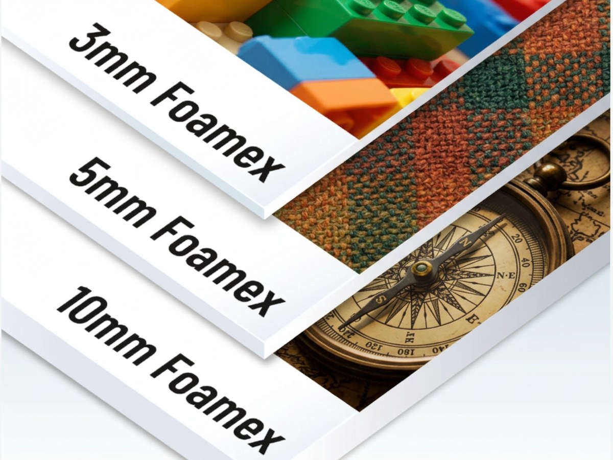 Printed 3mm, 5mm and 10mm Foamex boards stacked to show their thickness