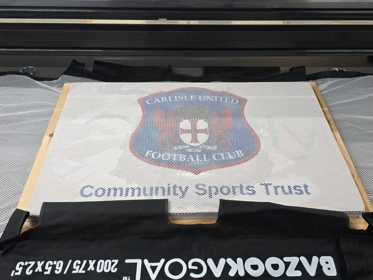 Club crest printed onto a football goal net on our Fuji UV flatbed