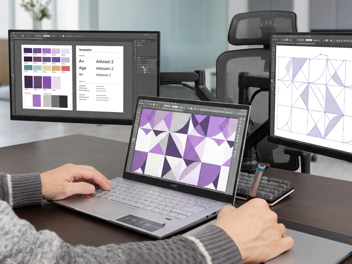 Designer working on a print pattern across a laptop and two monitors in the studio