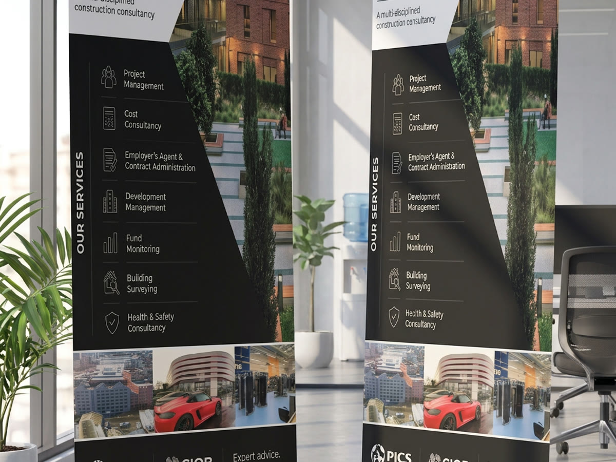 Two printed PICS and CIOB roller banners standing in an office