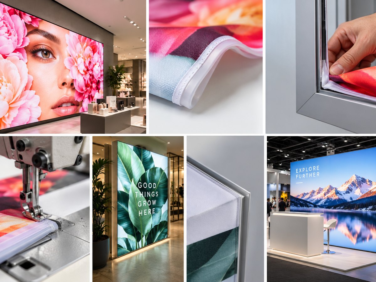 Custom printed SEG backlit fabric graphics glowing in retail and exhibition lightbox frames