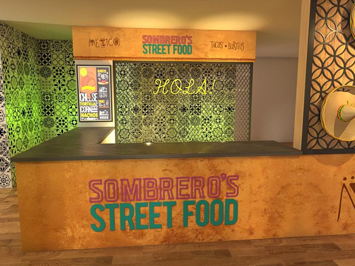 Sombrero's Street Food counter fit out with printed counter wrap and tile effect wall graphics