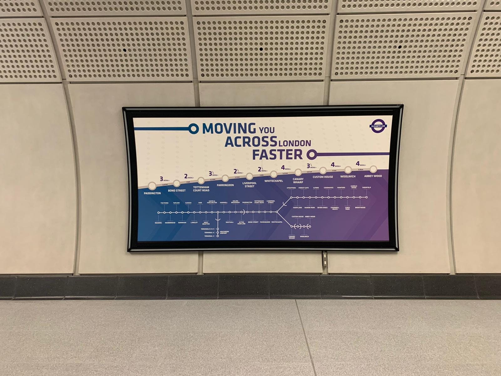 Moving You Across London Faster route map poster in a curved platform frame