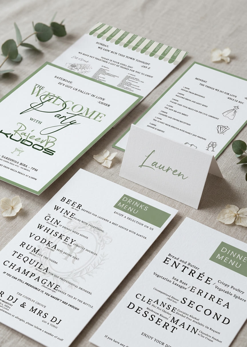 Sage green wedding stationery set with welcome card, place card, order of the day and menus