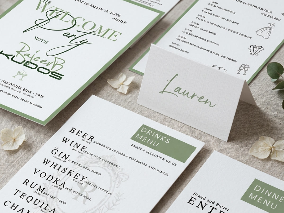 Sage green wedding stationery set with welcome card, place card, order of the day and menus